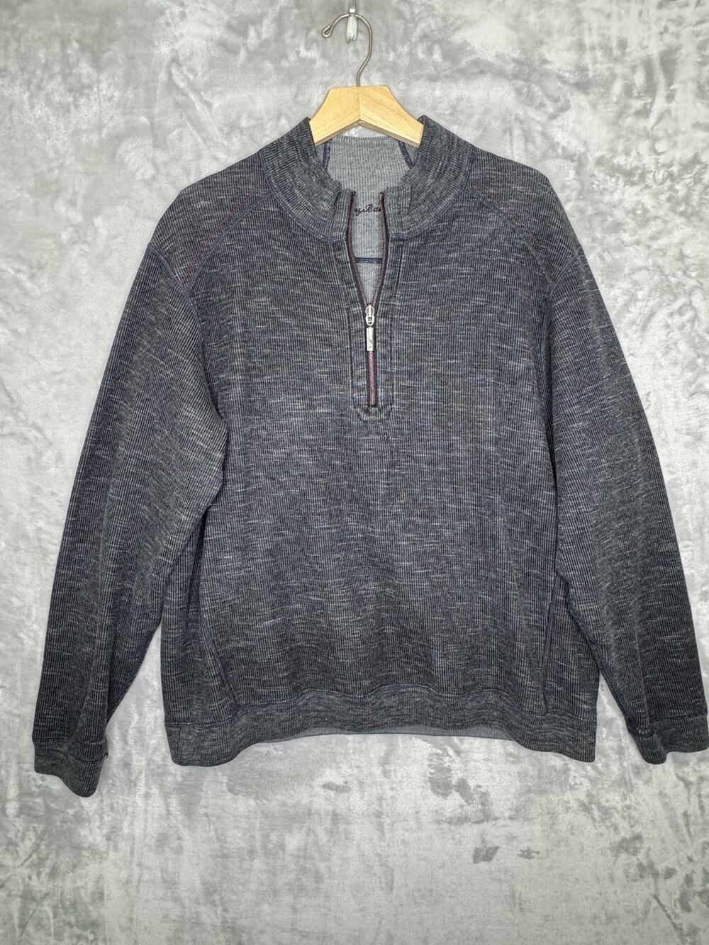 Tommy Bahama Sweater Mens XL Gray 1/4 Zip Mock Neck Reversible Knit Pullover